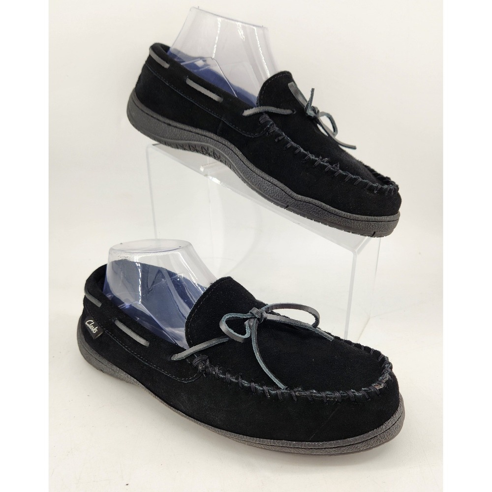 Clarks Moccasin Slippers Mens 9M Black Leather Suede Faux Fur Lined 22SH-011